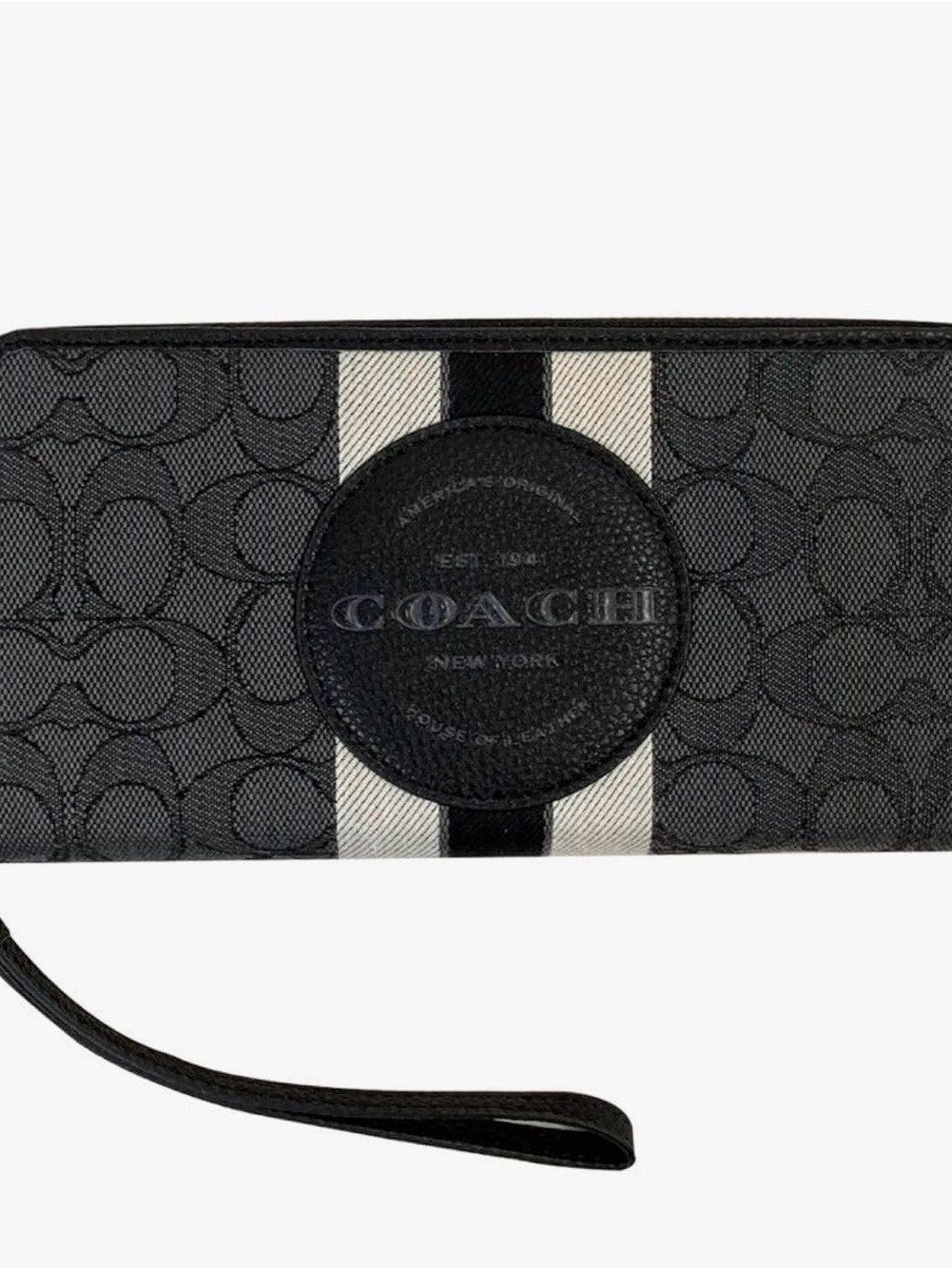 Coach Dempsey Large Phone Wallet Signature Canvas Black Grey Stripe